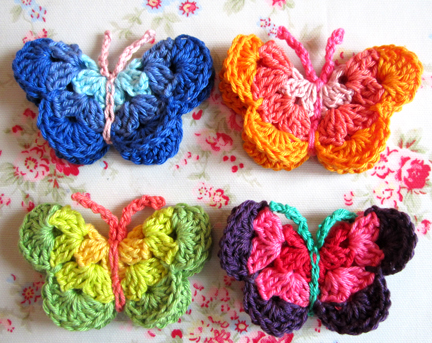 four crochet butterflies http://blog.mariesmaking.com/2011/05/crochet-butterfly-pattern.html