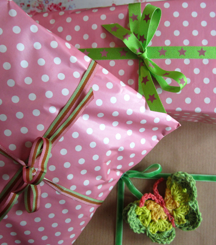 crochet butterflies on gift wrap