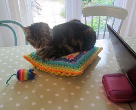 Tabby Cat on Crochet cushion