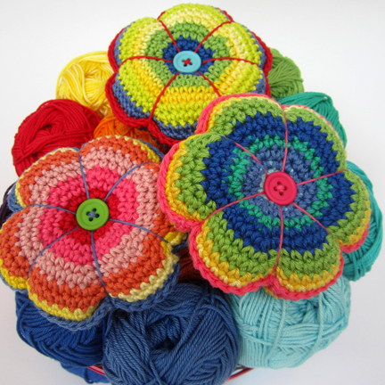 flower pincushions crochet in Planet Penny Cotton Club yarn