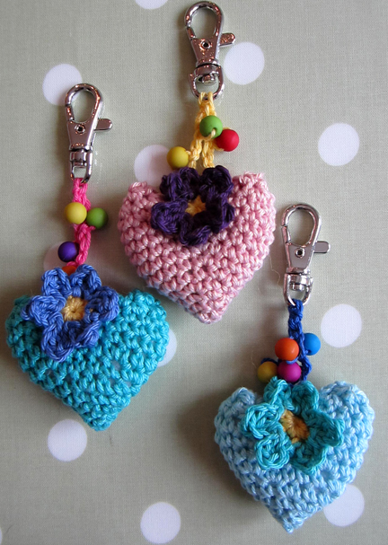 Crochet Hearts and flowers on clip