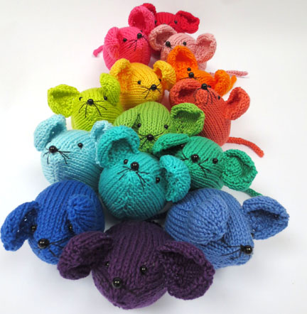 Knitted Rainbow Mice made with Planet Penny Cotton